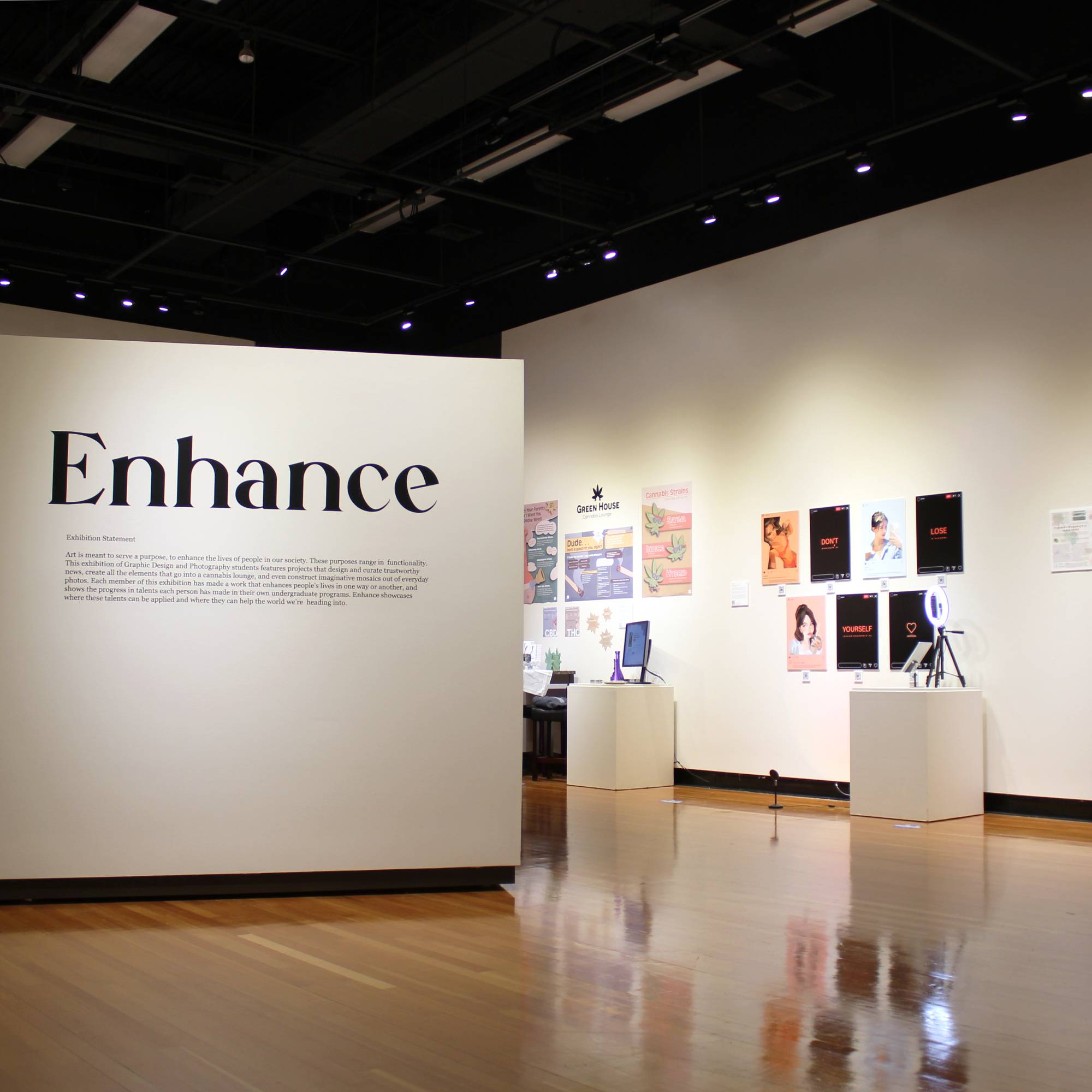 Department of Visual & Media Arts BFA Exhibition titled "Enhance" included Graphic Design Student work & Photography Student work.